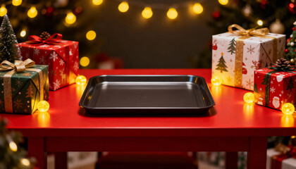 Christmas Product Display Tray on Red Table with Gift Boxes