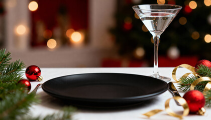 Christmas Eve Dinner Table Mockup with Blank Black Dish and Festive Decorations