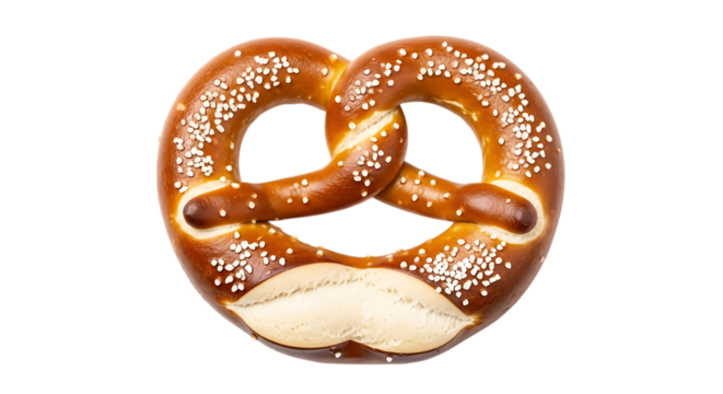 Large soft pretzel with coarse salt crystals sprinkled on its golden brown crust, isolated on a white or transparent background, cutout, PNG