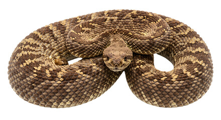 Obraz premium Coiled rattlesnake isolated on white background, venomous snake with distinctive pattern, perfect for wildlife and nature projects