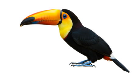 Colorful toucan bird with large orange beak perched isolated on white background, perfect for wildlife and tropical themes