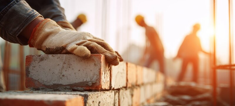 The bricklayer's gloved hands laying bricks on a sunlit construction site wall