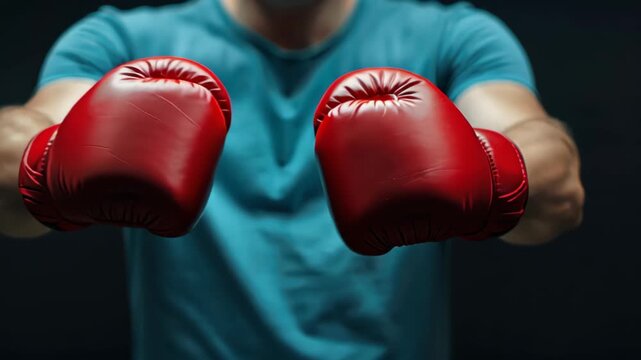 Boxing Ready: A close-up shot showcases a boxer's powerful stance, hands clad in vibrant red gloves, ready to unleash a flurry of punches.