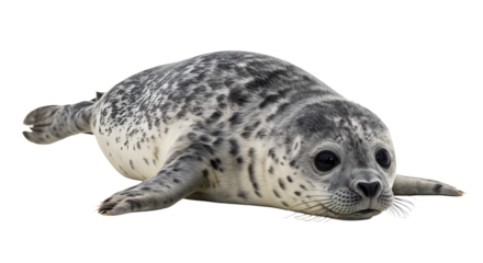 Harp seal pup lying down isolated on white background, cute baby seal perfect for wildlife and marine life themes