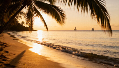 Tranquil Sunset Beach Scene with Palm Trees and Gentle Waves – Wallpaper