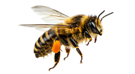 Close-up of a honey bee in flight with visible pollen on legs isolated on black background, perfect for nature and insect themes