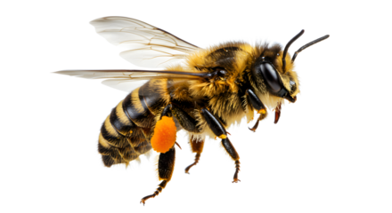 Close-up of a honey bee in flight with visible pollen on legs isolated on black background, perfect for nature and insect themes