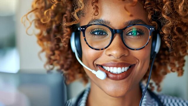 Smiling Support: A friendly customer service representative with a warm, inviting smile, wearing a headset, and glasses, ready to assist and provide solutions with professional.