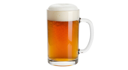 Cold glass mug filled with amber beer topped with frothy foam isolated on black background, perfect for pub promotions and beverage advertisements