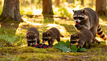 Raccoon Family Foraging for Berries in Sunlit Summer Forest Clearing