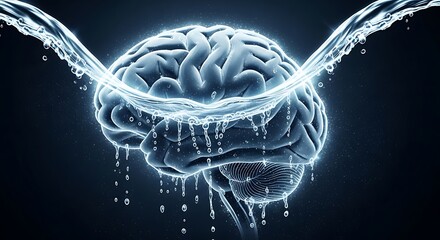 Human brain being doused with water in a dark background scene