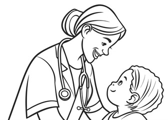 Kids Coloring Page &ndash; Kind Female Doctor Helping a Child with Stethoscope