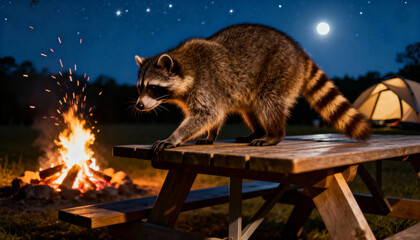 Raccoon Investigating Campsite under Starry Summer Night in National Park