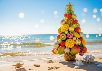 Fruit christmas tree on beach isolated on transparent background isolated on transparent background