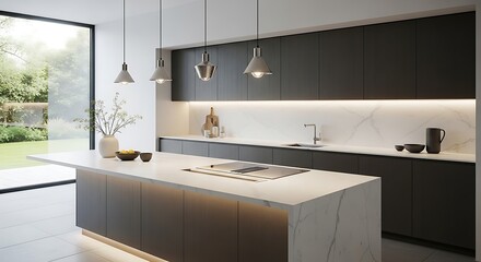 A modern kitchen with island and pendant lights in a bright room