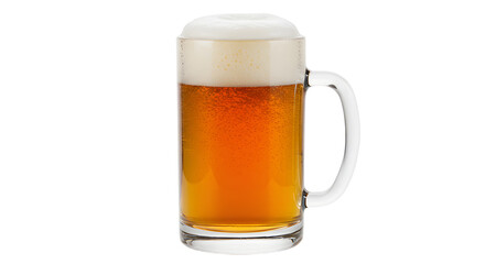 Glass mug filled with amber beer topped with creamy foam on white background, ideal for beverage and pub-related projects