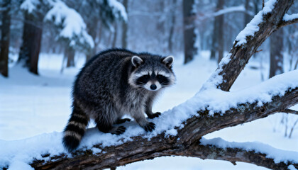 Raccoon on Snow-Covered Tree Branch in Quiet Winter Forest