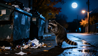 Raccoon Scavenging in Moonlit Urban Alley on Crisp Autumn Night