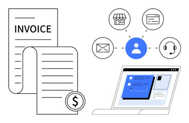 Invoice with dollar sign, connected user icon, laptop displaying digital interface. Ideal for finance, business operations, customer service, digital workflow, e-commerce, billing remote management