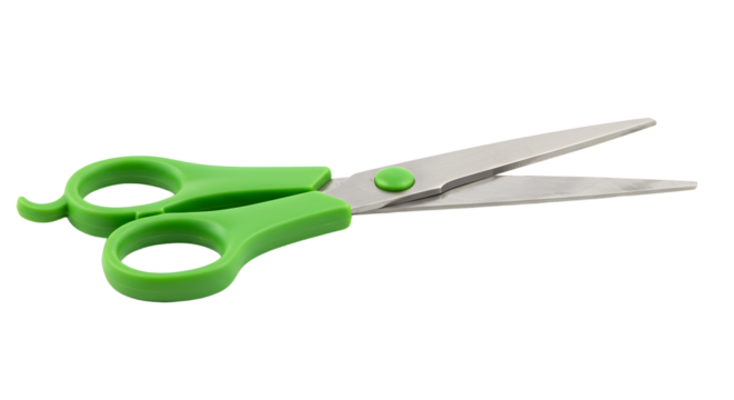 Green handle scissors isolated on white background, sharp cutting tool for office and craft use