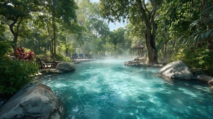 Warm sunlight filters through the trees highlighting the inviting blue water of the peaceful getaway.