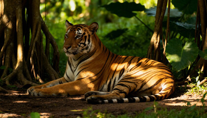 Siberian Tiger Resting in Shade of Banyan Tree in Indian Jungle on Hot Summer Day