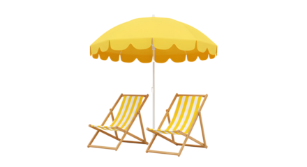 Yellow striped beach chairs with matching yellow umbrella on isolated white background, perfect for summer vacations and relaxing beach days