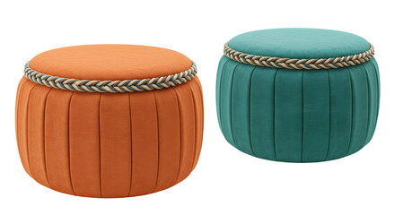 Modern round velvet ottomans in teal and orange with braided trim, perfect for stylish living rooms or cozy home decor