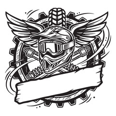 Fototapeta premium Motocross Helmet Logo with Wings, Gear, Suspension, and Blank Banner Extreme Sport Emblem Vector