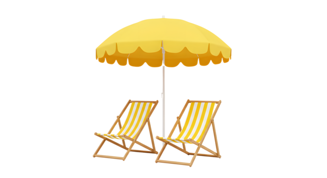 Yellow striped beach chairs with matching yellow umbrella on isolated white background, perfect for summer vacations and relaxing beach days