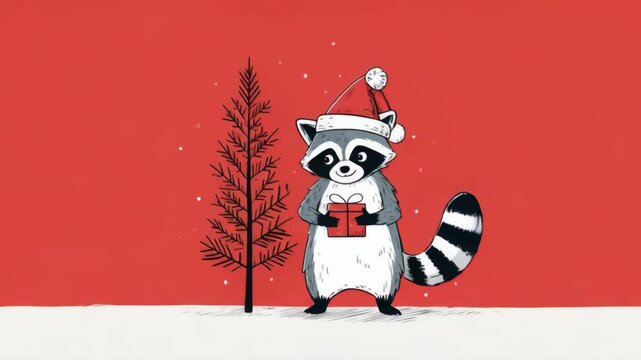 Festive cartoon raccoon with gift and santa hat against red holiday background
