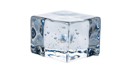 Single clear ice cube isolated on white background with water droplets perfect for beverage and cooling concepts