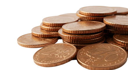 Stack of shiny copper coins on white background, close-up of money currency, perfect for finance and investment content