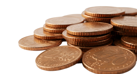 Stack of shiny copper coins on white background, close-up of money currency, perfect for finance and investment content