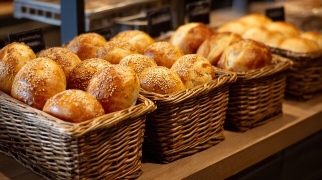 Delightful bread rolls sit in wicker baskets showcasing their golden crusts and sesame seeds. - Powered by Adobe