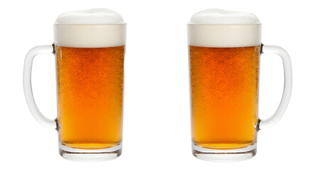 Two cold beer mugs filled with amber lager and topped with frothy foam on a white background, perfect for bar or pub promotions