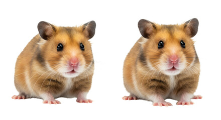 Two cute golden hamsters isolated on white background, small furry pets perfect for animal lovers and pet care content