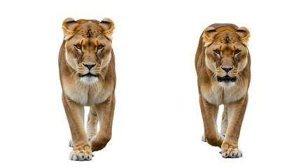 Two lions walking side by side isolated on white background, powerful big cats in motion for wildlife and nature themes