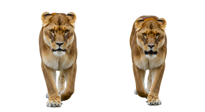 Two lions walking side by side isolated on white background, powerful big cats in motion for wildlife and nature themes