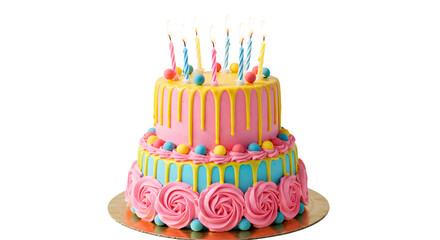 Two-tier pink birthday cake with colorful icing and lit candles, perfect for birthday parties and celebrations