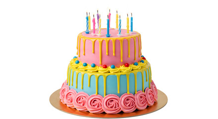 Two-tiered birthday cake with pink and blue icing, lit candles, and colorful decorations, perfect for birthday parties and celebrations