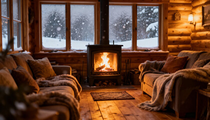 Cozy Winter Cabin Interior with Fireplace and Snowy Window View
