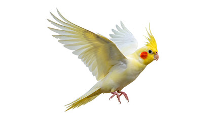 Yellow Cockatiel Bird in Flight with Spread Wings on Black Background, Perfect for Nature and Wildlife Projects