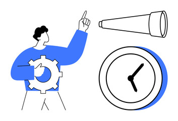 Person with gear points to telescope beside clock, representing strategic vision, foresight, and time management. Ideal for planning, productivity, innovation, focus, efficiency team leadership