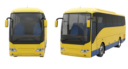 Modern yellow tour buses isolated on white background, front and side view, perfect for travel and transportation themes