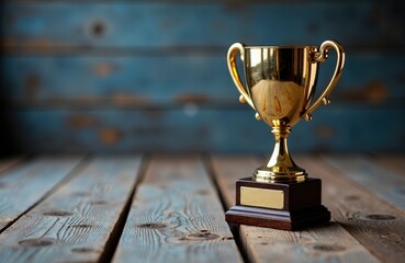 A gold trophy cup sits on a wooden surface with a rustic blue background