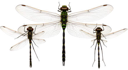 Three dragonflies with transparent wings isolated on white background, detailed close-up of insects with delicate wing structure