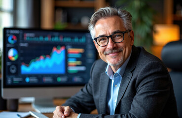 Businessman analyzing financial data on computer screen in office setting