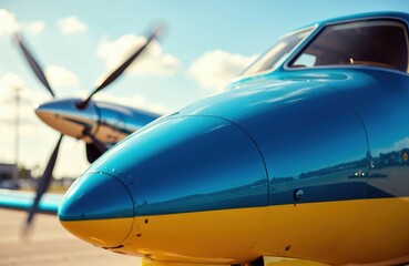 Close-up of a blue and yellow private jet aircraft on the runway with a propeller airplane in the background