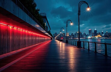 Obraz premium A city waterfront promenade illuminated by streetlights during twilight with a modern skyline in the background